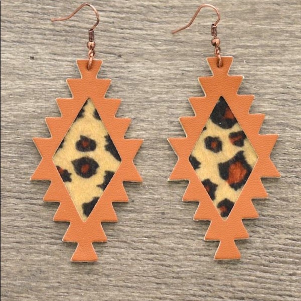 Leopard leather Aztec earrings